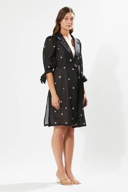 Buy_Meadow_Black , Cotton, Organza Embroidery Moonflower Coat Dress With Slip _Online_at_Aza_Fashions