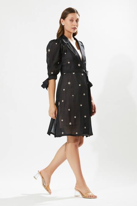 Shop_Meadow_Black , Cotton, Organza Embroidery Moonflower Coat Dress With Slip _Online_at_Aza_Fashions