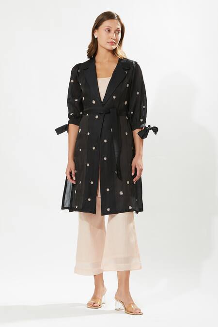 Meadow_Black , Cotton, Organza Embroidery Moonflower Coat Dress With Slip _at_Aza_Fashions