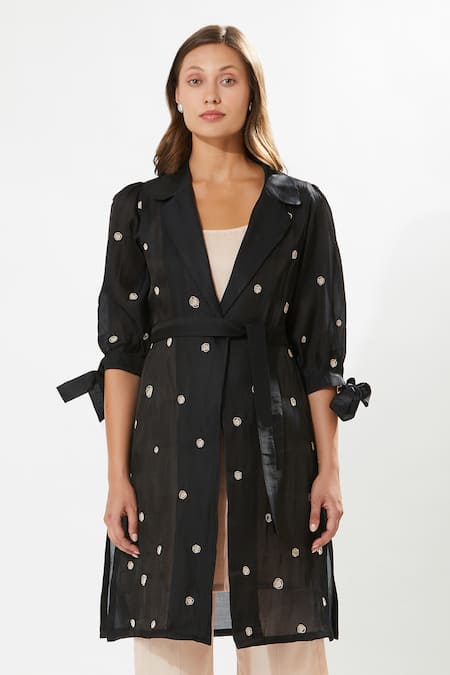 Meadow_Black Silk, Cotton Embroidery Collared Moonflower Floral Kurta Set _Online_at_Aza_Fashions