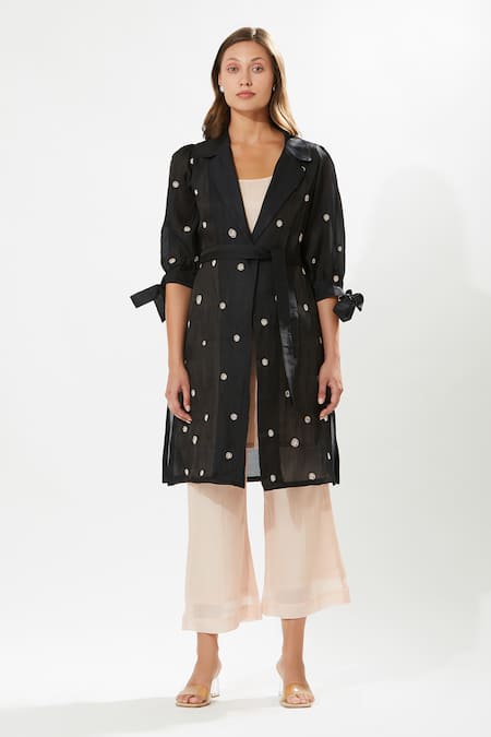 Buy_Meadow_Black Silk, Cotton Embroidery Collared Moonflower Floral Kurta Set _Online_at_Aza_Fashions