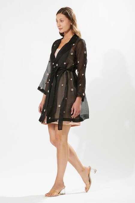 Buy_Meadow_Black Silk, Cotton, Organza Embroidery Moonray Flower Coat Dress With Slip _Online_at_Aza_Fashions