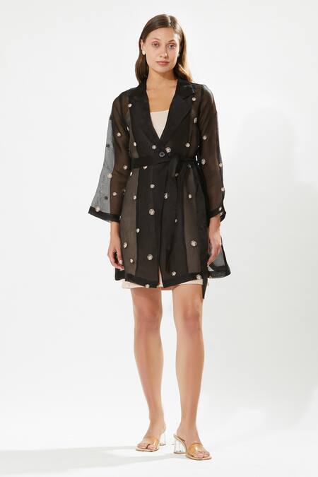 Meadow_Black Silk Organza Embroidery Collared Moonray Flower Coat Dress _Online_at_Aza_Fashions