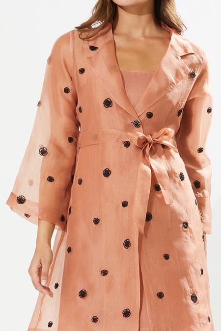 Meadow_Coral Silk Organza Embroidery Collared Gaia Jacket _Online_at_Aza_Fashions