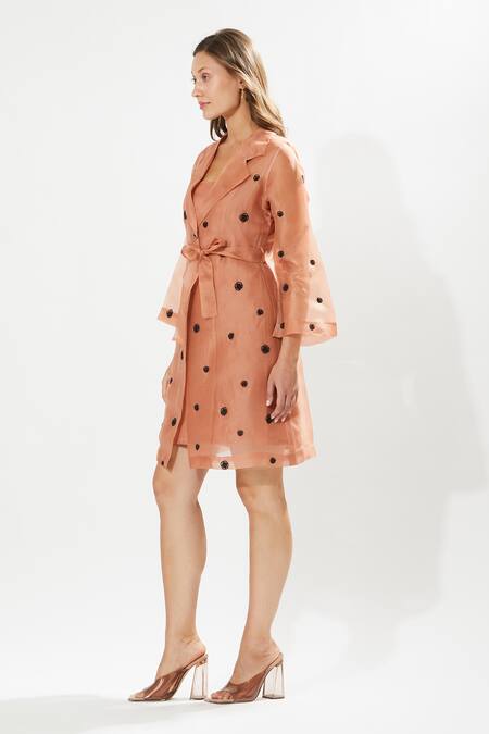 Buy_Meadow_Coral Silk Organza Embroidery Collared Gaia Jacket _Online_at_Aza_Fashions