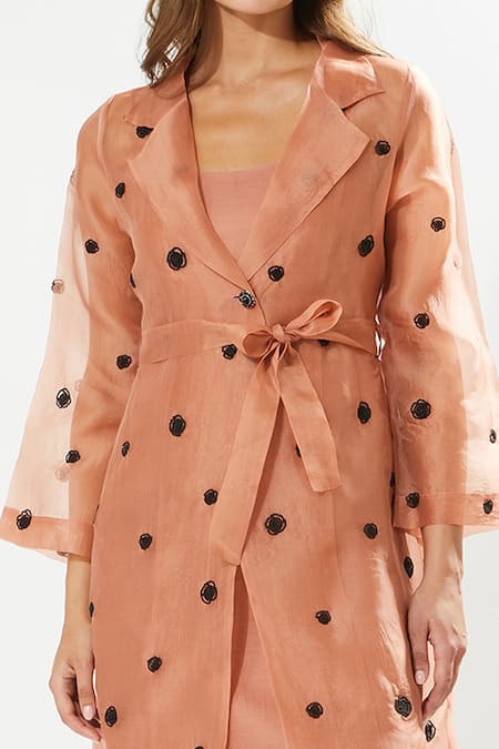 Meadow_Coral Silk Organza Embroidery Collared Gaia Coat With Inner Dress _Online_at_Aza_Fashions