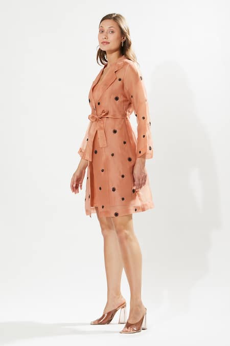 Shop_Meadow_Coral Silk Organza Embroidery Collared Gaia Coat With Inner Dress _Online_at_Aza_Fashions