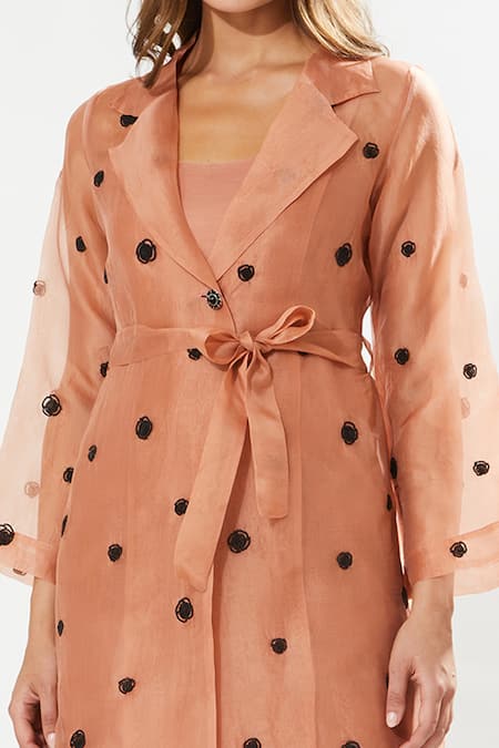 Meadow_Coral Silk , Silk, Cotton, Embroidery Gaia Tunic And Pant Set _Online_at_Aza_Fashions