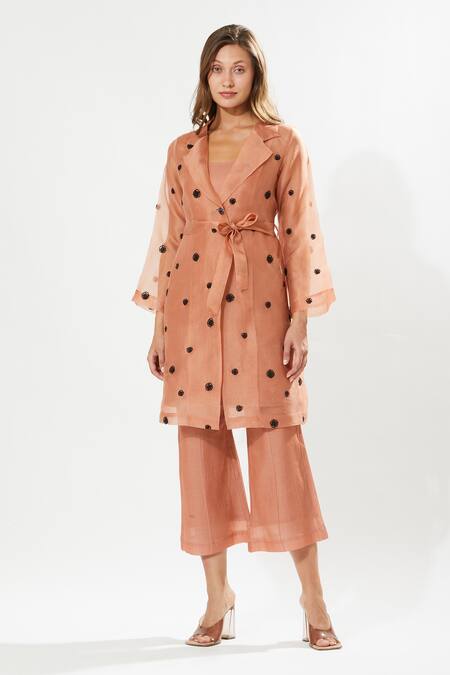 Buy_Meadow_Coral Silk , Silk, Cotton, Embroidery Gaia Tunic And Pant Set _Online_at_Aza_Fashions