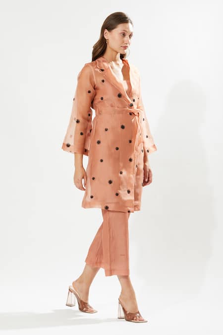 Shop_Meadow_Coral Silk , Silk, Cotton, Embroidery Gaia Tunic And Pant Set _Online_at_Aza_Fashions