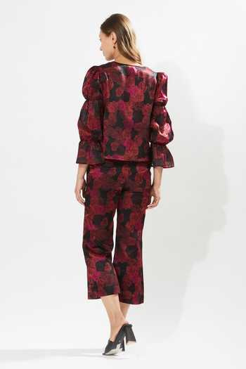 Shop Meadow Red Silk, Cotton, Organza Embroidery Juliet Rosa Print With Inner Strap at Aza Fashions Shop_Meadow_Red Silk, Cotton, Organza Embroidery Juliet Rosa Print With Inner Strap _at_Aza_Fashions