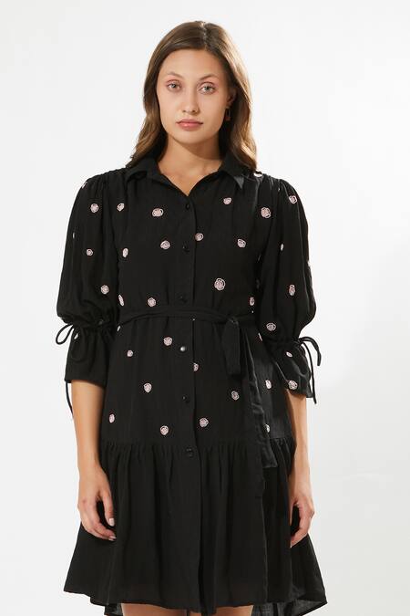 Meadow_Black Denim, Cotton Embroidery Collared Night Garden Dress _Online_at_Aza_Fashions