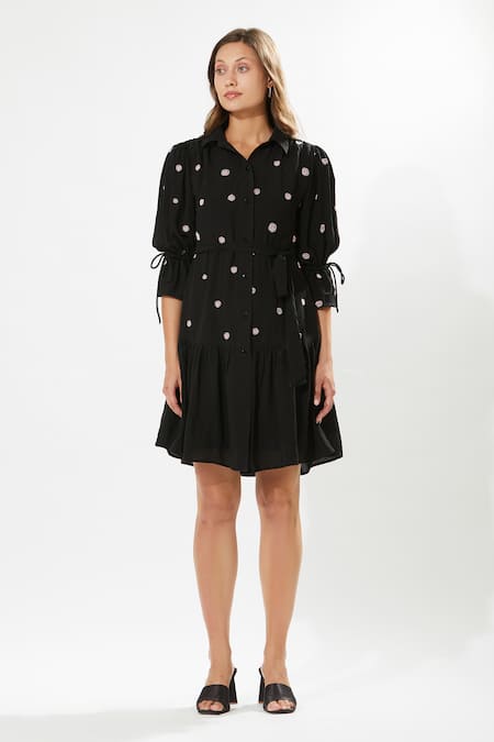 Buy_Meadow_Black Denim, Cotton Embroidery Collared Night Garden Dress _Online_at_Aza_Fashions