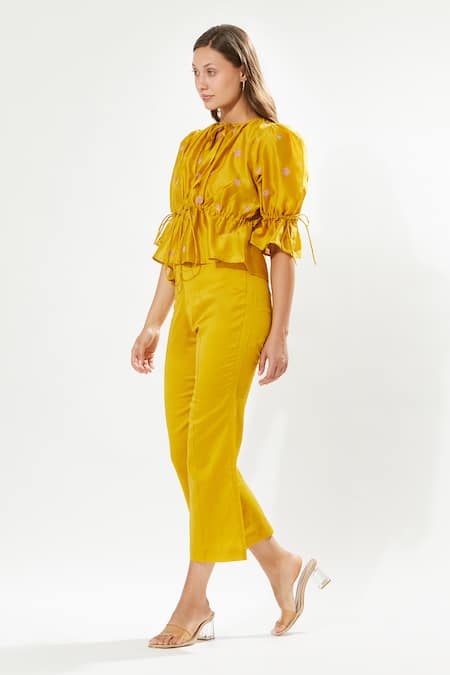 Shop Meadow Yellow Silk, Cotton Embroidery Keyhole Neck Provence Rose Peplum Top at Aza Fashions Shop_Meadow_Yellow Silk, Cotton Embroidery Keyhole Neck Provence Rose Peplum Top _at_Aza_Fashions