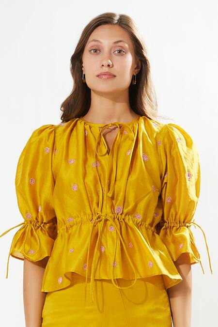Meadow Yellow Silk, Cotton Embroidery Keyhole Neck Provence Rose Peplum Top Online at Aza Fashions Meadow_Yellow Silk, Cotton Embroidery Keyhole Neck Provence Rose Peplum Top _Online_at_Aza_Fashions