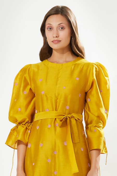Meadow_Yellow Silk, Cotton Embroidery Round Neck Provence Rose Dress _Online_at_Aza_Fashions