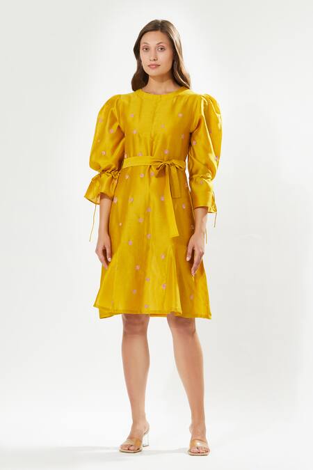 Buy_Meadow_Yellow Silk, Cotton Embroidery Round Neck Provence Rose Dress _Online_at_Aza_Fashions