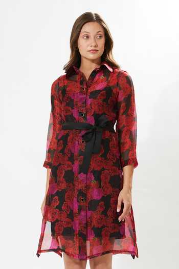 Meadow Magenta Silk Organza, Cotton Embroidery Collared Rosemarie Printed Dress Online at Aza Fashions Meadow_Magenta Silk Organza, Cotton Embroidery Collared Rosemarie Printed Dress _Online_at_Aza_Fashions