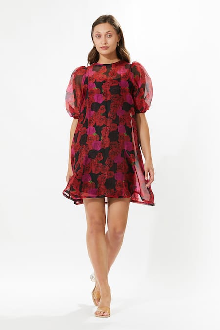 Meadow Black Silk Organza, Cotton Embroidery Round Neck Rosa Cloud Printed Dress
