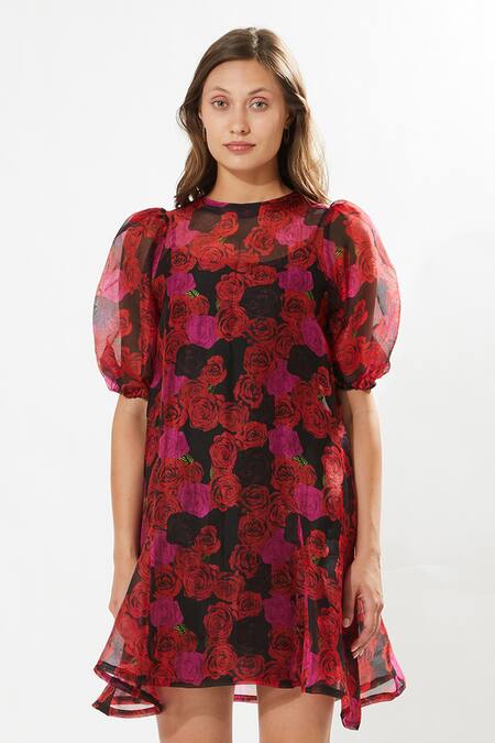 Meadow_Black Silk Organza, Cotton Embroidery Round Neck Rosa Cloud Printed Dress _Online_at_Aza_Fashions