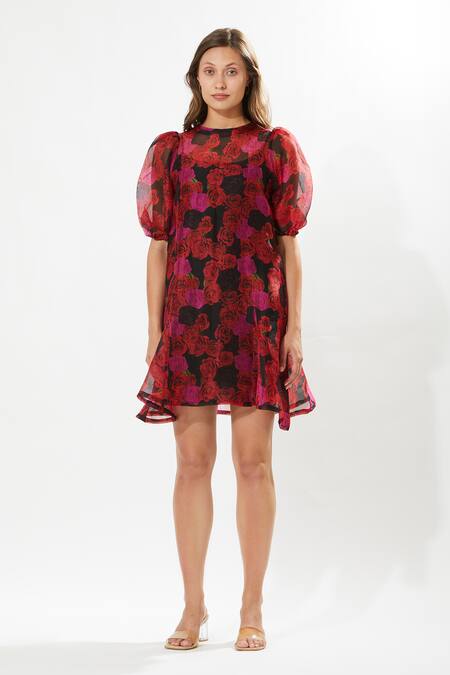 Buy_Meadow_Black Silk Organza, Cotton Embroidery Round Neck Rosa Cloud Printed Dress _Online_at_Aza_Fashions