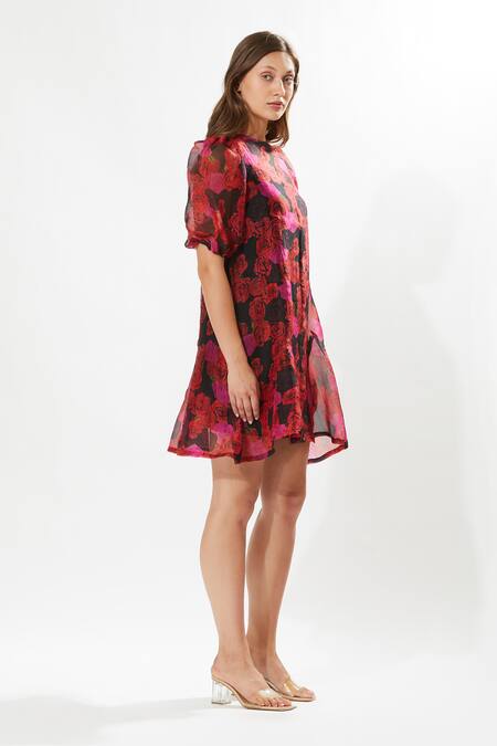 Shop_Meadow_Black Silk Organza, Cotton Embroidery Round Neck Rosa Cloud Printed Dress _Online_at_Aza_Fashions
