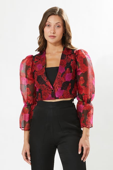 Meadow_Black Silk Organza Embroidery Collared Rosa Print Crop Jacket _Online_at_Aza_Fashions
