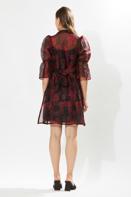 Shop_Meadow_Black Silk Organza, Cotton Embroidery Round Neck Rosa Print Coat And Dress Set _at_Aza_Fashions