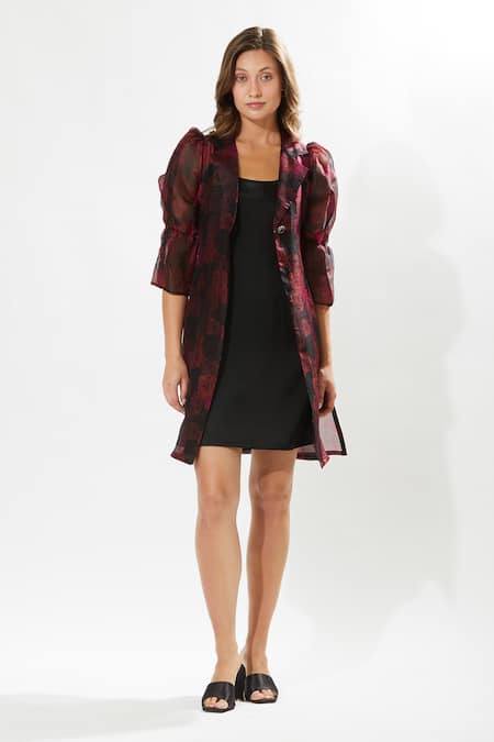 Buy_Meadow_Black Silk Organza, Cotton Embroidery Round Neck Rosa Print Coat And Dress Set _Online_at_Aza_Fashions