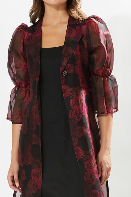Shop_Meadow_Black Silk Organza, Cotton Embroidery Round Neck Rosa Print Coat And Dress Set _Online_at_Aza_Fashions