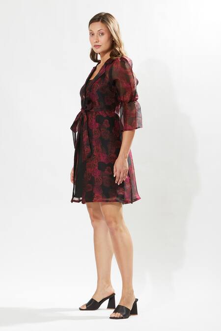 Meadow_Black Silk Organza Collared Rosa Print Poet Sleeve Coat _Online_at_Aza_Fashions