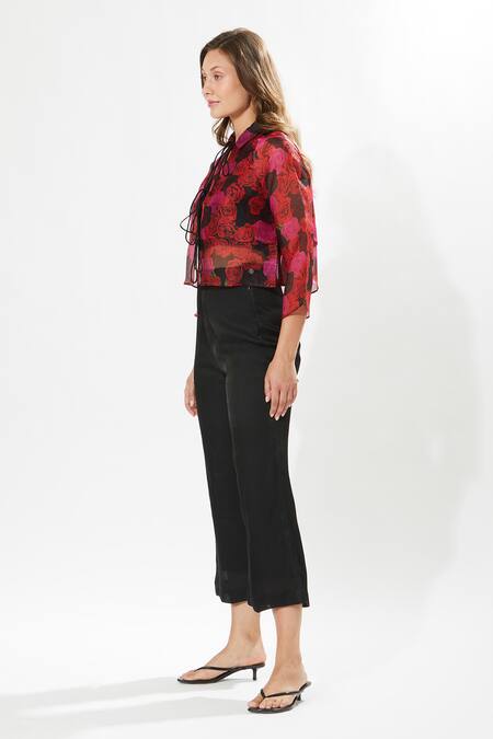 Meadow_Black Silk Organza, Cotton Embroidery Collared Rosa Print Tie-up Jacket Pant Set _Online_at_Aza_Fashions