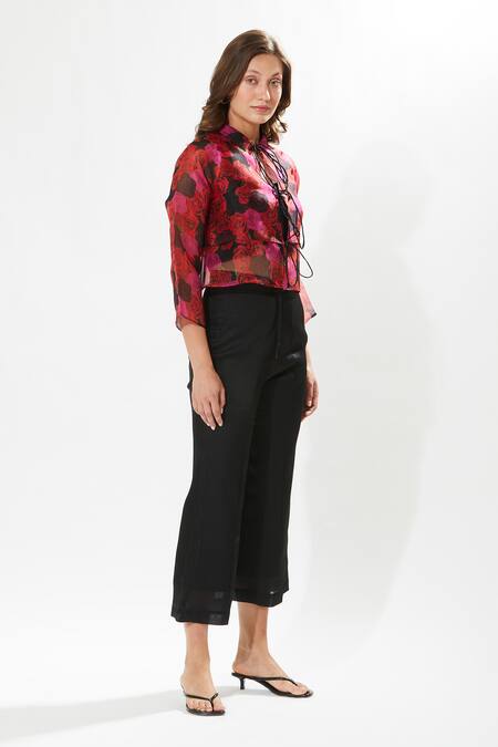 Buy_Meadow_Black Silk Organza, Cotton Embroidery Collared Rosa Print Tie-up Jacket Pant Set _Online_at_Aza_Fashions