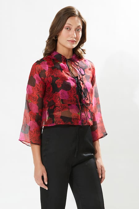 Shop_Meadow_Black Silk Organza, Cotton Embroidery Collared Rosa Print Tie-up Jacket Pant Set _Online_at_Aza_Fashions