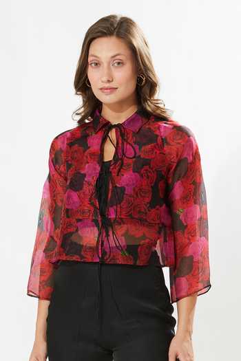 Meadow_Black Silk Organza, Cotton Embroidery Rosa Print Tie-up Jacket And Top Set _Online_at_Aza_Fashions