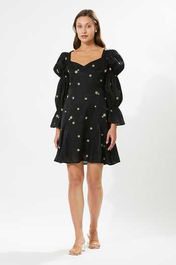 Meadow_Black Silk, Cotton Embroidery Sweetheart Neck Thea Rose Dress _Online_at_Aza_Fashions