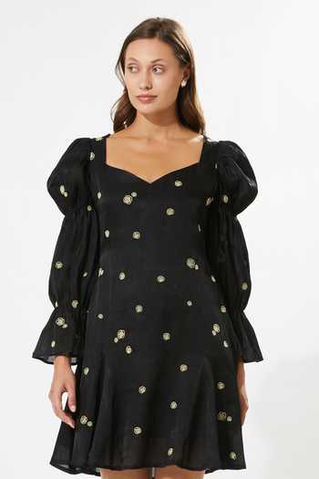 Buy_Meadow_Black Silk, Cotton Embroidery Sweetheart Neck Thea Rose Dress _Online_at_Aza_Fashions