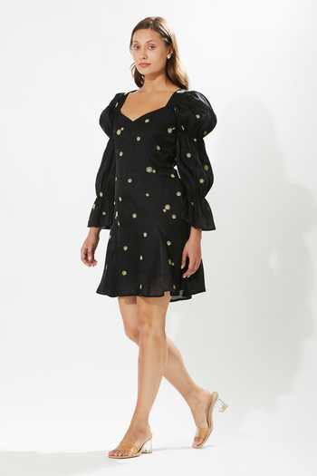 Shop_Meadow_Black Silk, Cotton Embroidery Sweetheart Neck Thea Rose Dress _Online_at_Aza_Fashions