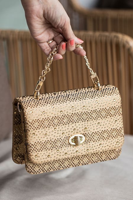 House Of Bio_Gold Embellished Chloe Crystal Clutch _at_Aza_Fashions