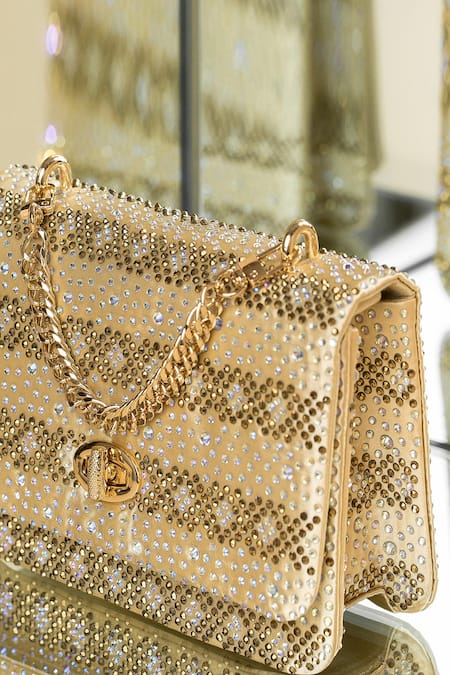 House Of Bio_Gold Embellished Chloe Crystal Stone Clutch _Online_at_Aza_Fashions