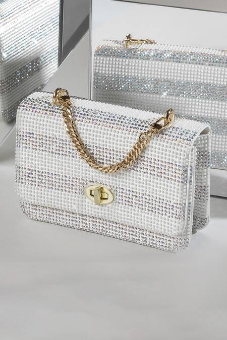 House Of Bio_White Embellished Grace Pearl Clutch _Online_at_Aza_Fashions