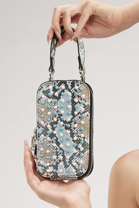 House Of Bio_Blue Embellished Hana Metallic Stud Mobile Bag _Online_at_Aza_Fashions