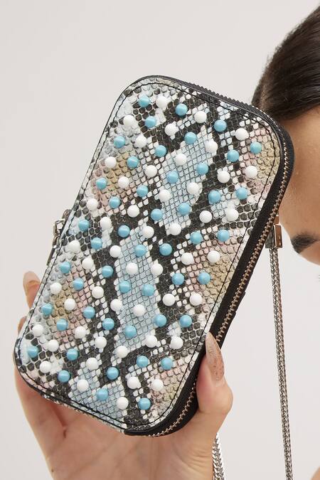 House Of Bio_Blue Embellished Hana Metallic Stud Mobile Bag _at_Aza_Fashions