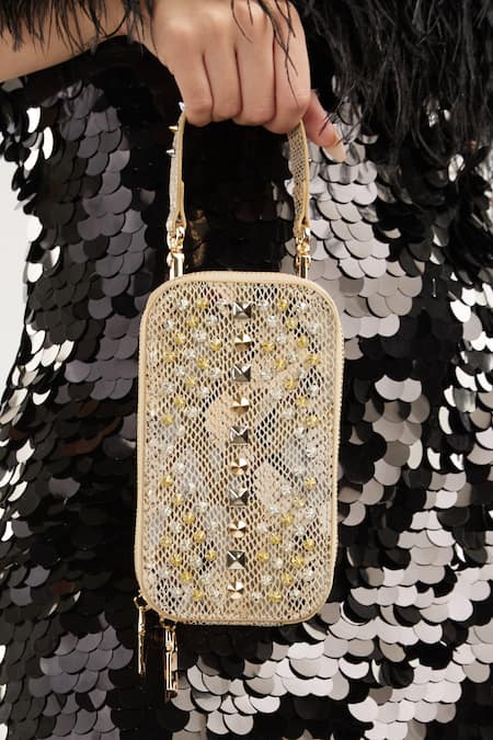 House of Bio Gold Embellished Kiko Rectangle Shaped Mobile Bag