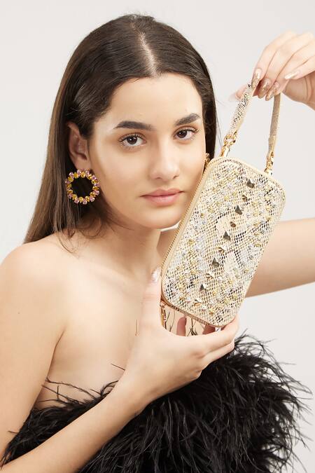 Shop_House Of Bio_Gold Applique Kiko Rectangle Shaped Mobile Bag_Online_at_Aza_Fashions