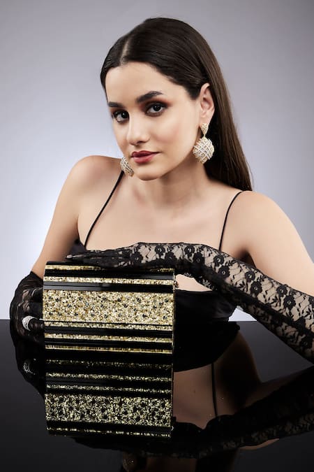 House Of Bio_Black Embellished Marie Gold Rectangle Shaped Clutch _Online_at_Aza_Fashions