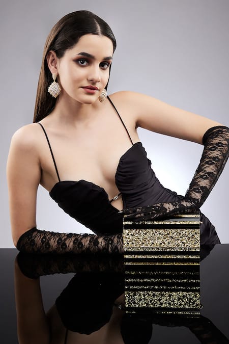 Buy_House Of Bio_Black Embellished Marie Gold Rectangle Shaped Clutch _Online_at_Aza_Fashions