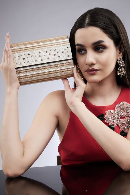 Buy_House Of Bio_Pink Embellished Marie Gold Swarovski Clutch_Online_at_Aza_Fashions