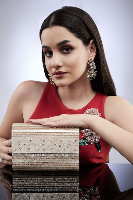 Shop_House Of Bio_Pink Embellished Marie Gold Swarovski Clutch_Online_at_Aza_Fashions