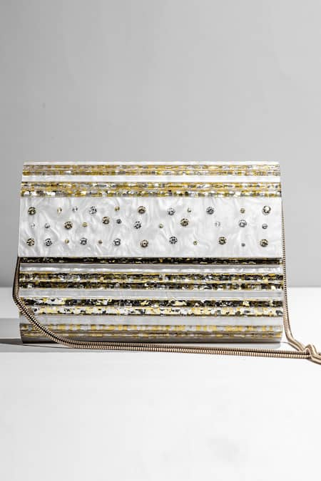 House of Bio White Embellished Marie Gold Crystal Clutch 